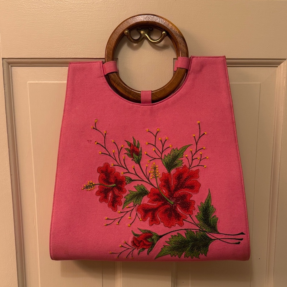 Elegant Pink Floral Tote with Wooden Handles